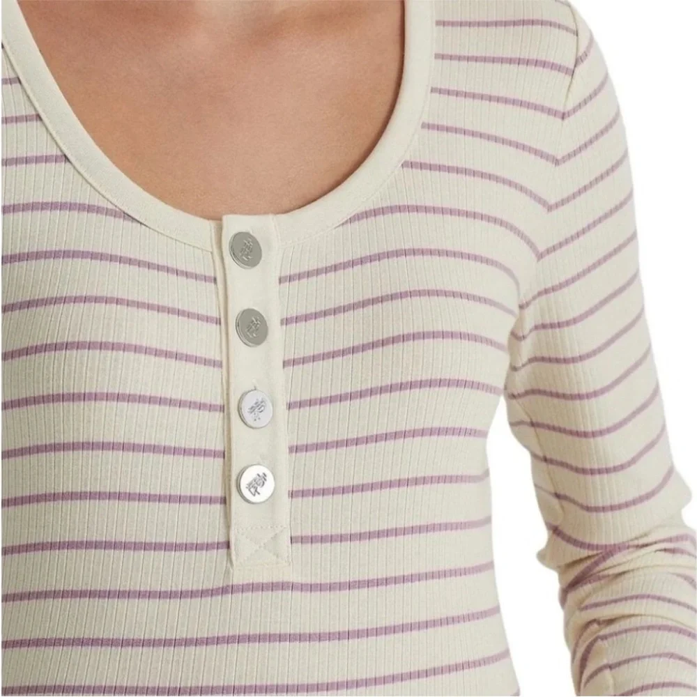 Lauren Ralph Lauren Long Sleeve Striped Henley Top in Mascarpone Cream